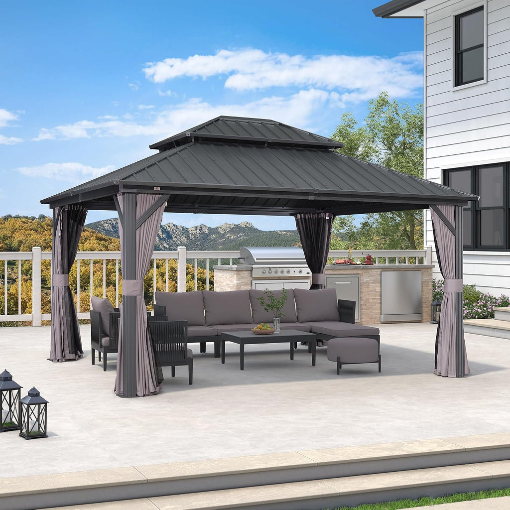 PURPLE LEAF Patio Aluminum Hardtop Gazebo 12' x 14' Privacy Curtain, Grey