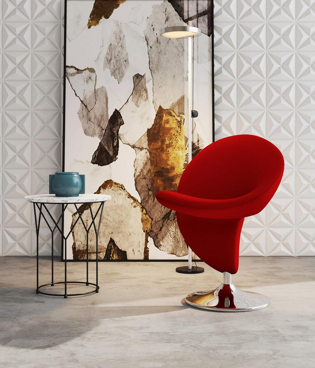Manhattan Comfort Curl Mid Century Modern Wool Blend Upholstered Living Room Swivel Accent Chair with Chrome Metal Base, Set of 2, Red