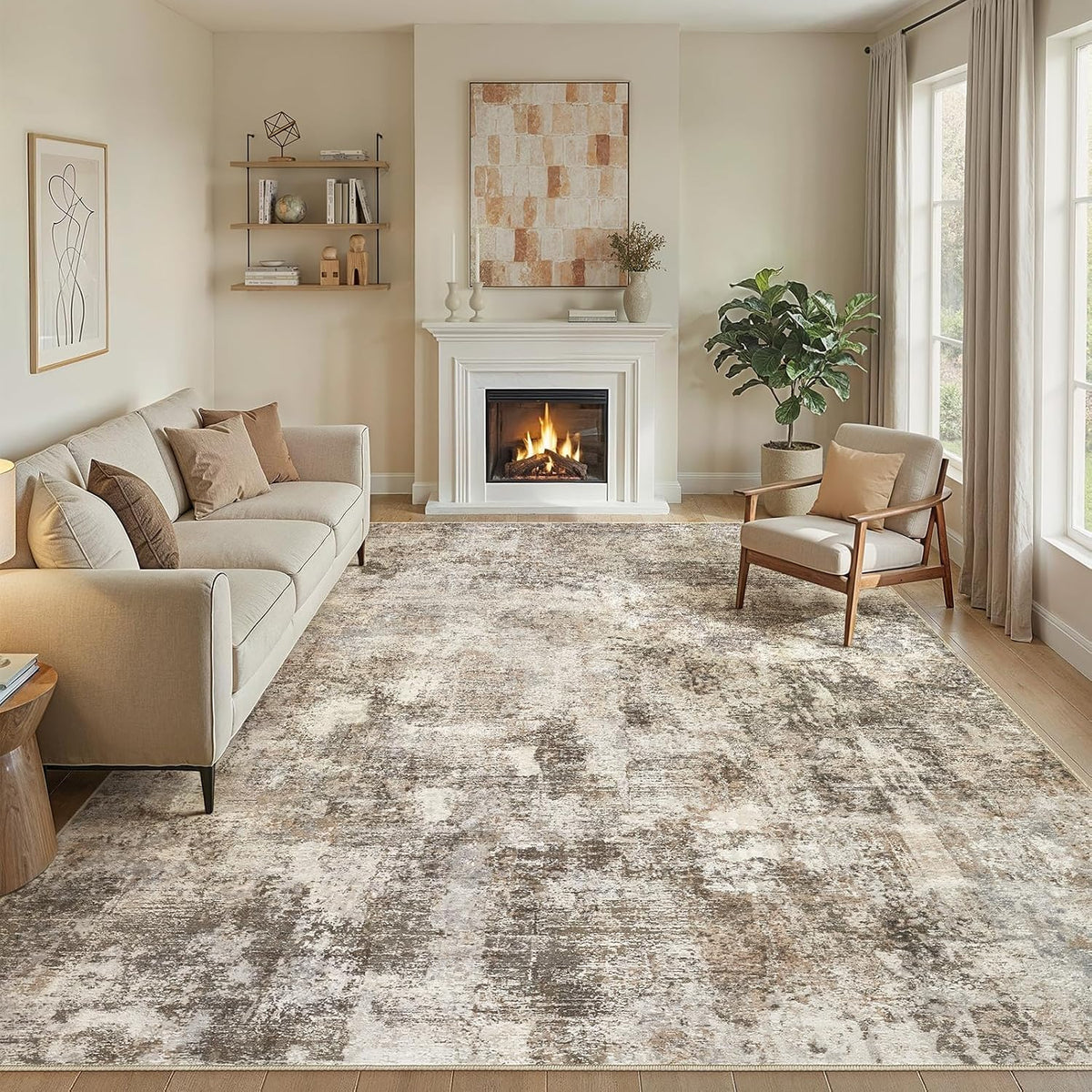 WITSHOCK 12x15 Area Rug Washable Abstract Rugs for Living Room Dark Brown