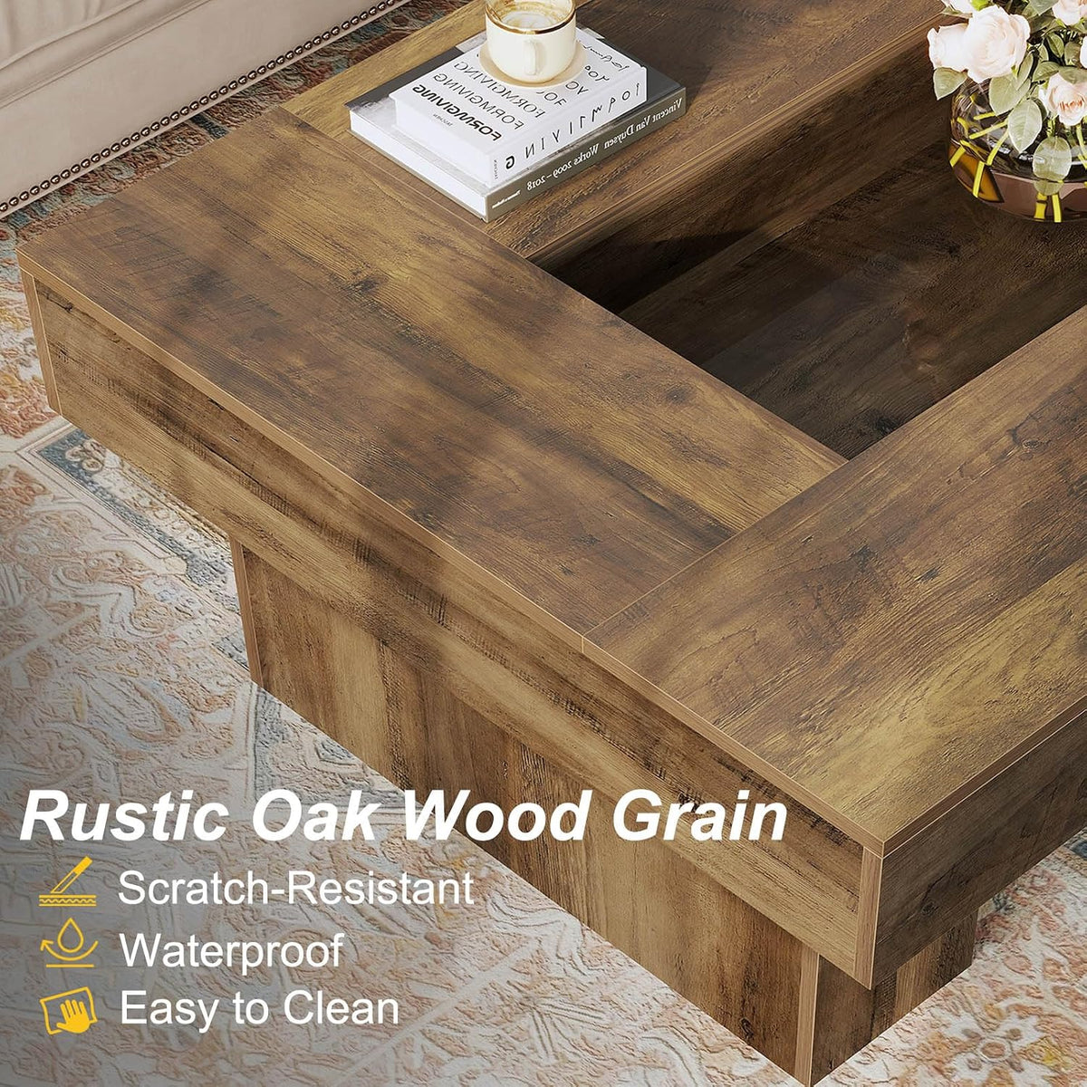 LVB 47"X31" Large Rectangle Wood Coffee Table with Storage Rustic Oak