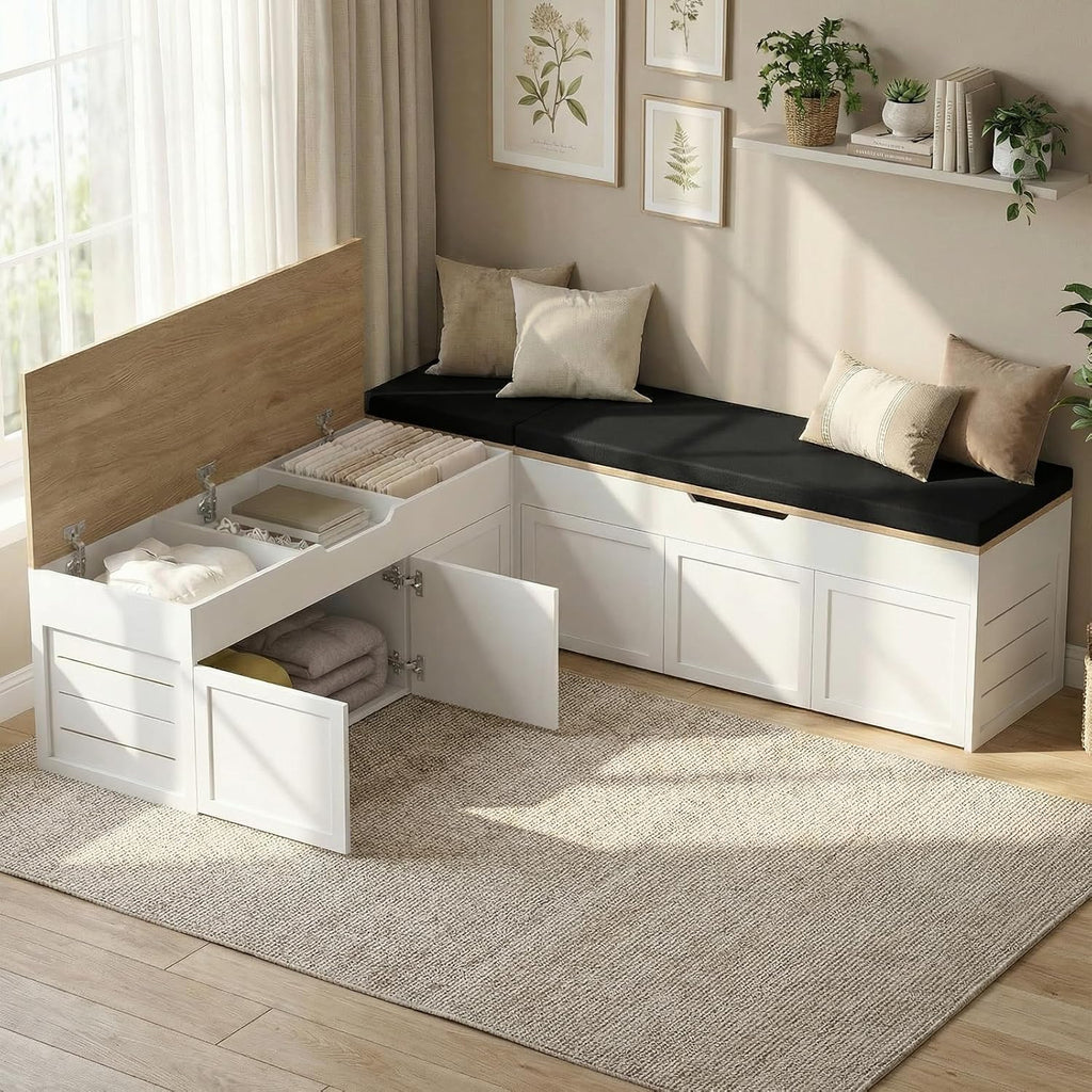 L-Shaped Corner Storage Bench with Cushion, Backless Wood Bench, Black