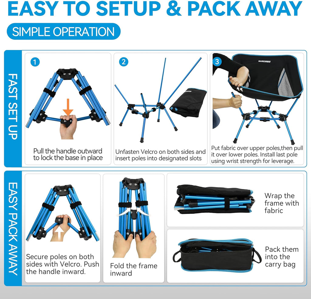MARCHWAY Lightweight Folding Camping Chair, Portable Foldable Compact for Outdoor Camp, Travel, Beach, Picnic, Festival, Hiking, Backpacking, Supports 330Lbs (Blue)