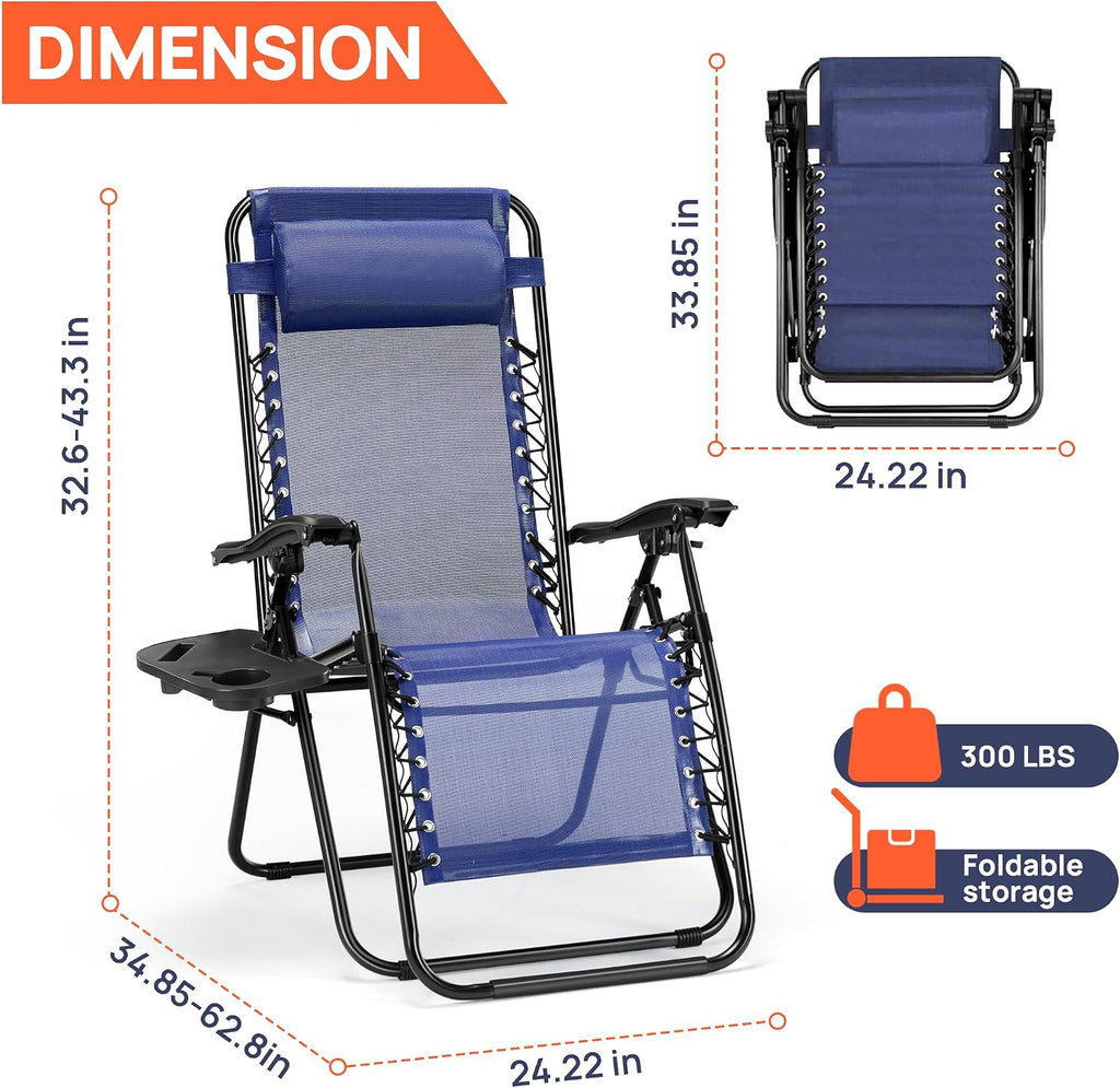 Chaise Lounge Chair Outdoor Set of 2, Oversized Zero Gravity Chair, Blue