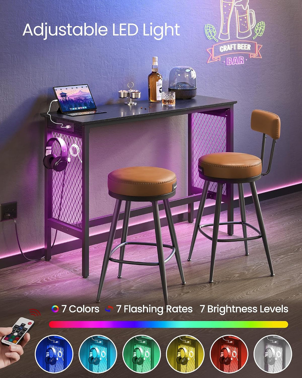 VASAGLE Bar Table with Power Outlets, LED Lights, Computer Desk, 47.2" L