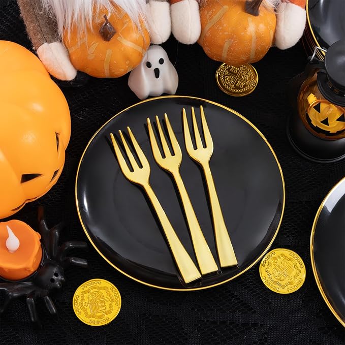 Festiva 200Pcs Black Gold Dessert Plates 6.3" with Plastic Forks 5"- Small Disposable Plates- Dessert/Cake/Appetizer Plastic Plates include 100Plates 100Forks for Christmas Party&Halloween&New Year
