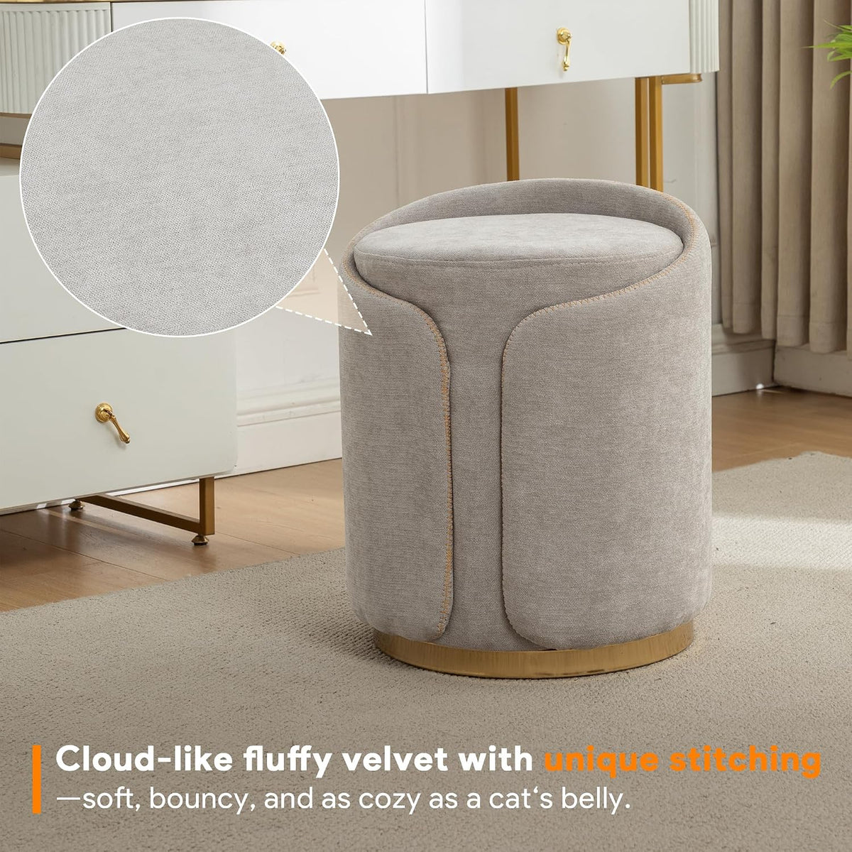 Swivel Vanity Stool with Gold Base Comfy Vanity Chair Modern Round Stool for Makeup Vanity Ottoman Foot Rest for Bedroom livingroom (Light Gray)