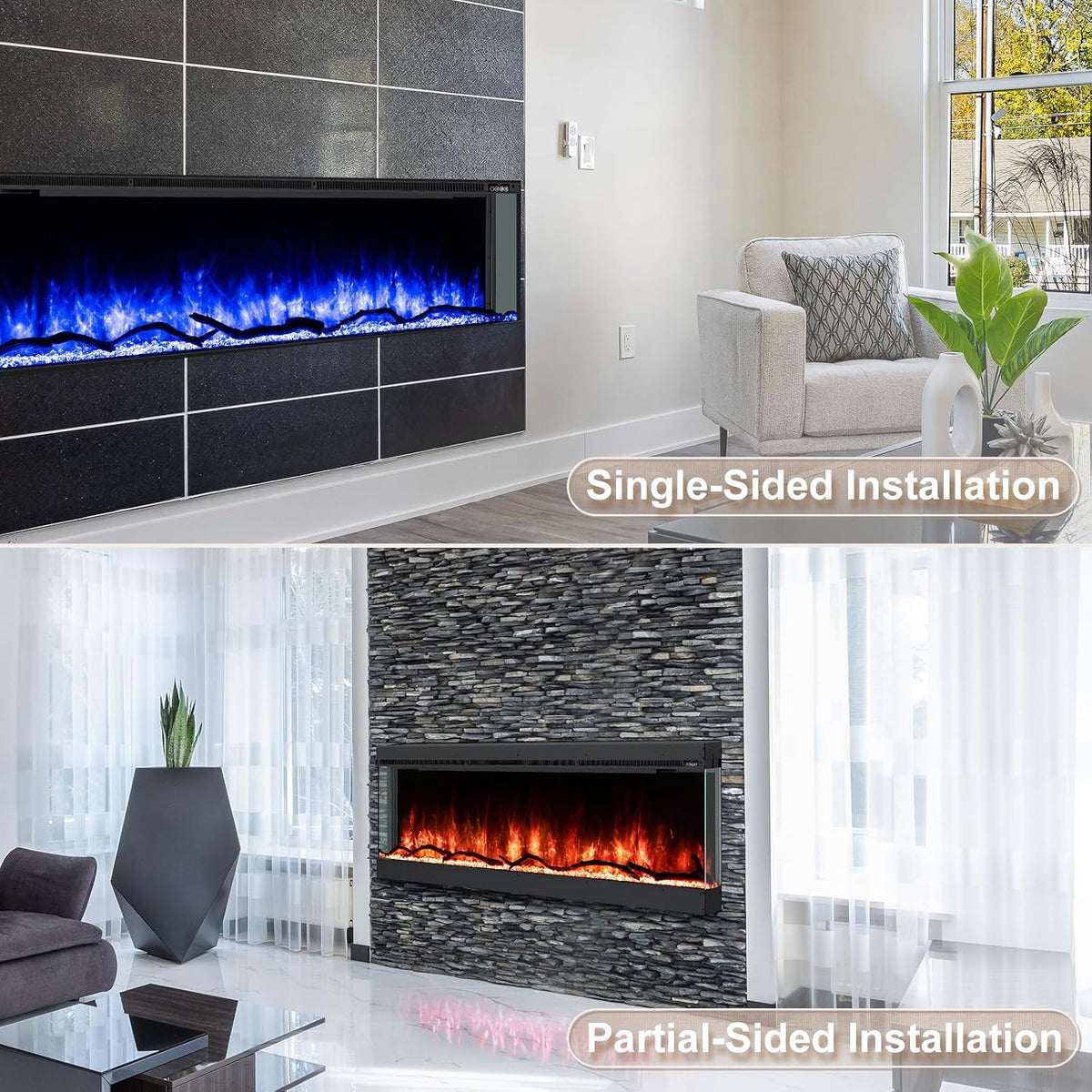 60" 3-Sided Electric Fireplace Recessed, Remote