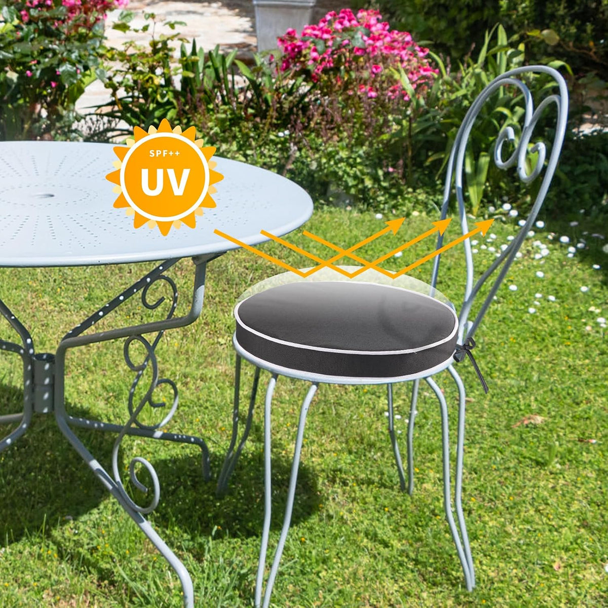 Outdoor Diameter 16 Inch Round Bistro Chair Cushion, Waterproof & Fade-Resistant Circular Seat Pad with Ties for Patio Furniture, Set of 2, Black