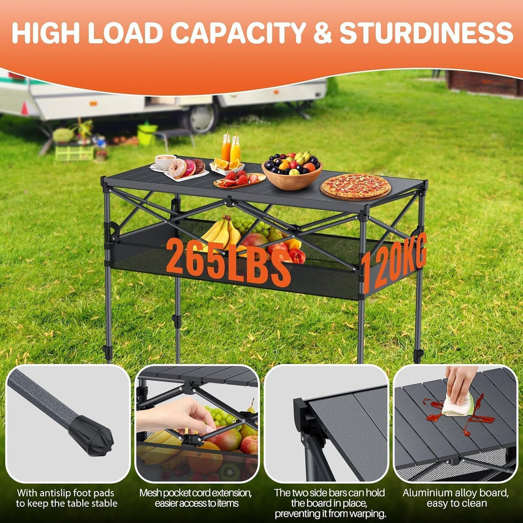 FUNYKICH Aluminum Folding Camping Table, 2 Height Adjustable 34.2''&27.5"