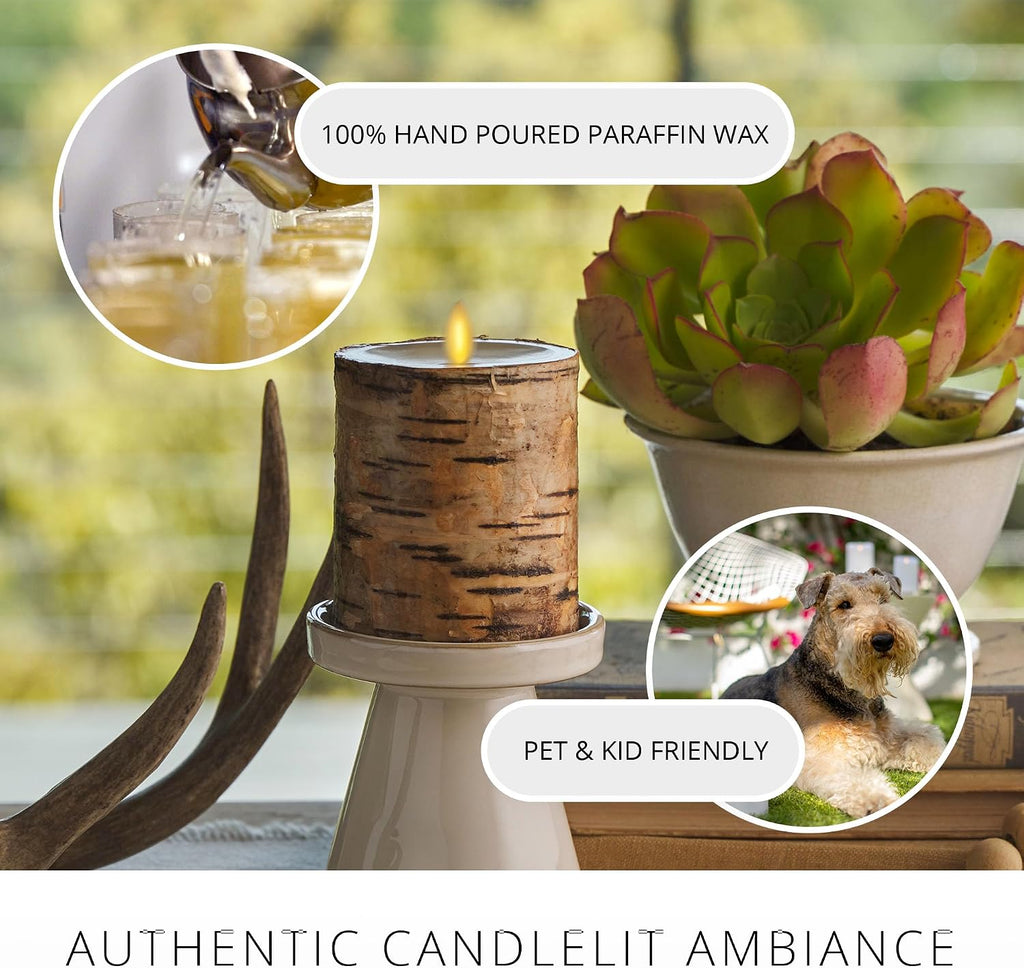 Luminara Real Birch Bark Wrapped Flameless LED Candle, 3.5" x 4.5", Battery Operated Moving Flame Pillar Light with Timer - Natural Decor Unscented