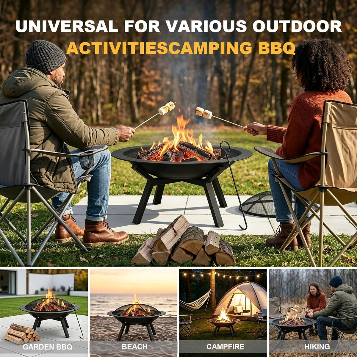 Outdoor Wood Burning Fire Pit, Heavy Duty Round Steel Fire Bowl for Backyard, Patio, Camping, Bonfire, Black Finish, with Mesh Spark Screen and Hook