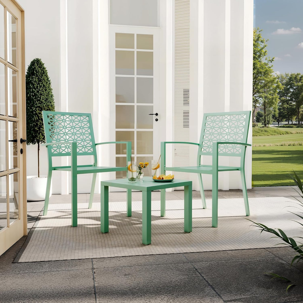 3 Piece Patio Bistro Set, Stackable Patio Dining Set, Green