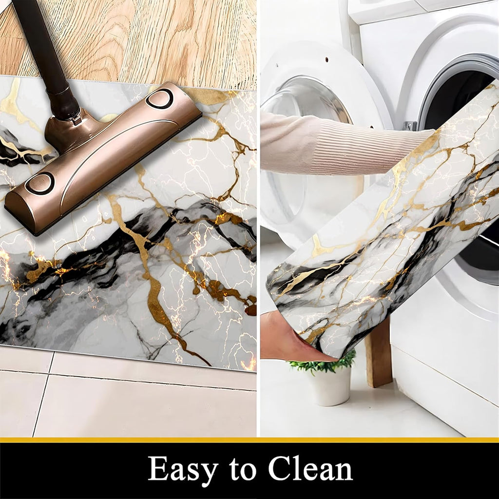 White Marble Runner Rug,2x6ft, Black Gray Gold Texture Design Long Kitchen Mats Rug, Light Luxury Modern Abstract Art Entrance Marble Rugs, for Indoor Floor Non-Slip Laundry Room Carpet