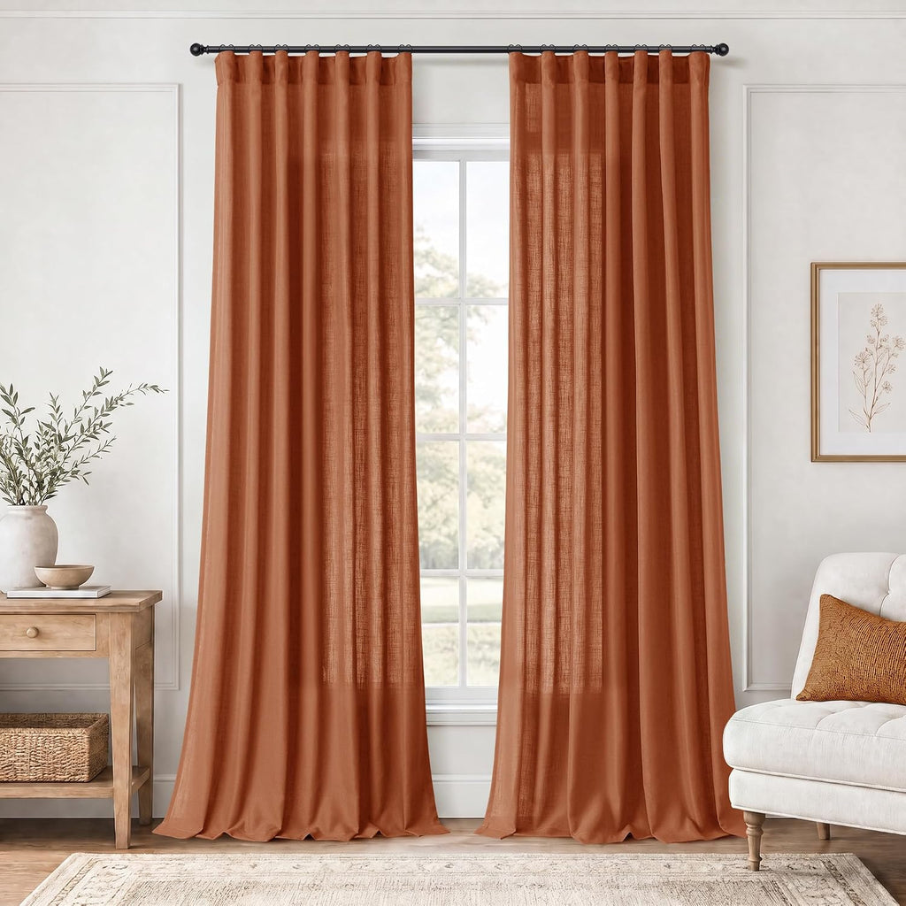 Jowels Terracotta Linen Curtains 102 Inches Long 2 Panels for Living Room