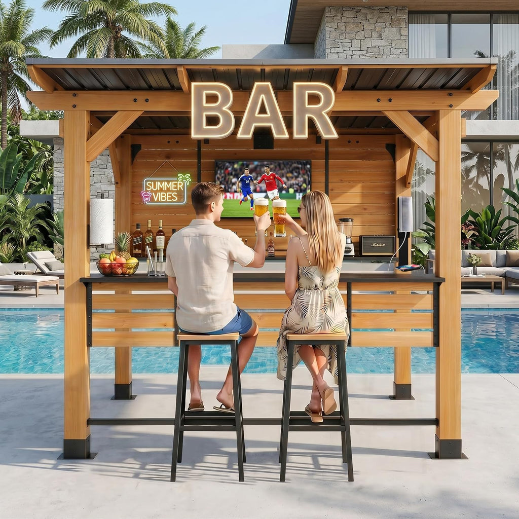 6x8FT Cedar Wood Outdoor Bar Gazebo with Built-in Power Outlet & TV Mount | Sloping Metal Roof Cantina Gazebo Bar with Metal Bar Counter, Footrest & Bottle Opener for Patio Backyard Entertainment
