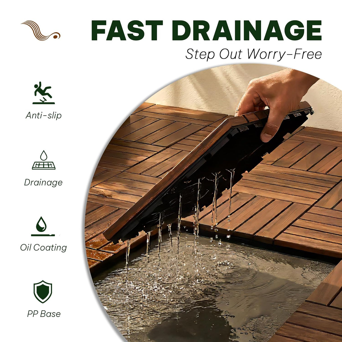 Acacia Interlocking Deck Tiles, 9 PCS Wood Flooring, 6 Slats, Walnut