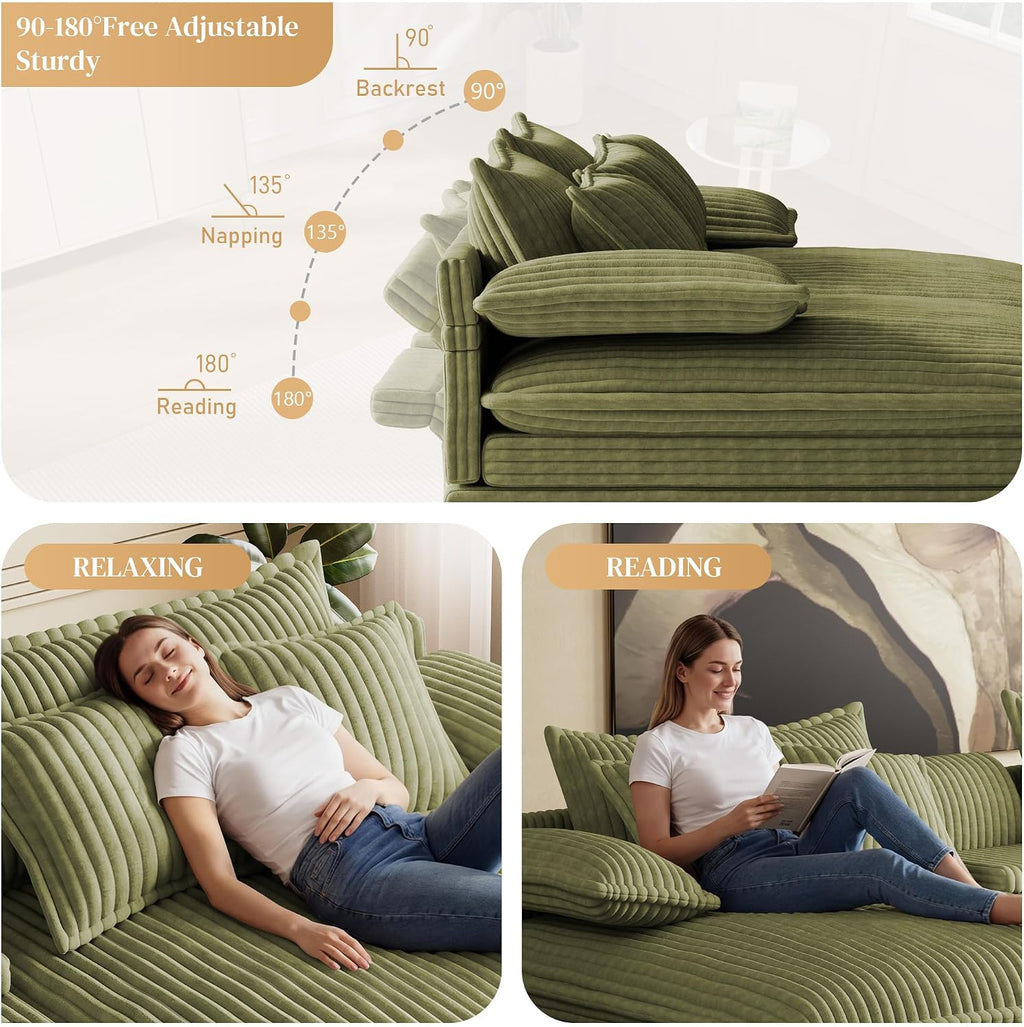 114" Oversized Double Chaise Lounge, Corduroy Sofa Bed with Storage,Green