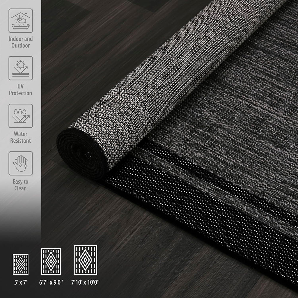 CAMILSON Indoor Outdoor Rug, 8x10 Bordered Dark Gray Black Modern Area Rugs for Indoor and Outdoor Patios, Kitchen and Hallway Mats, Washable Porch Deck Outside Carpet (Bordered Black, 8 x 10)