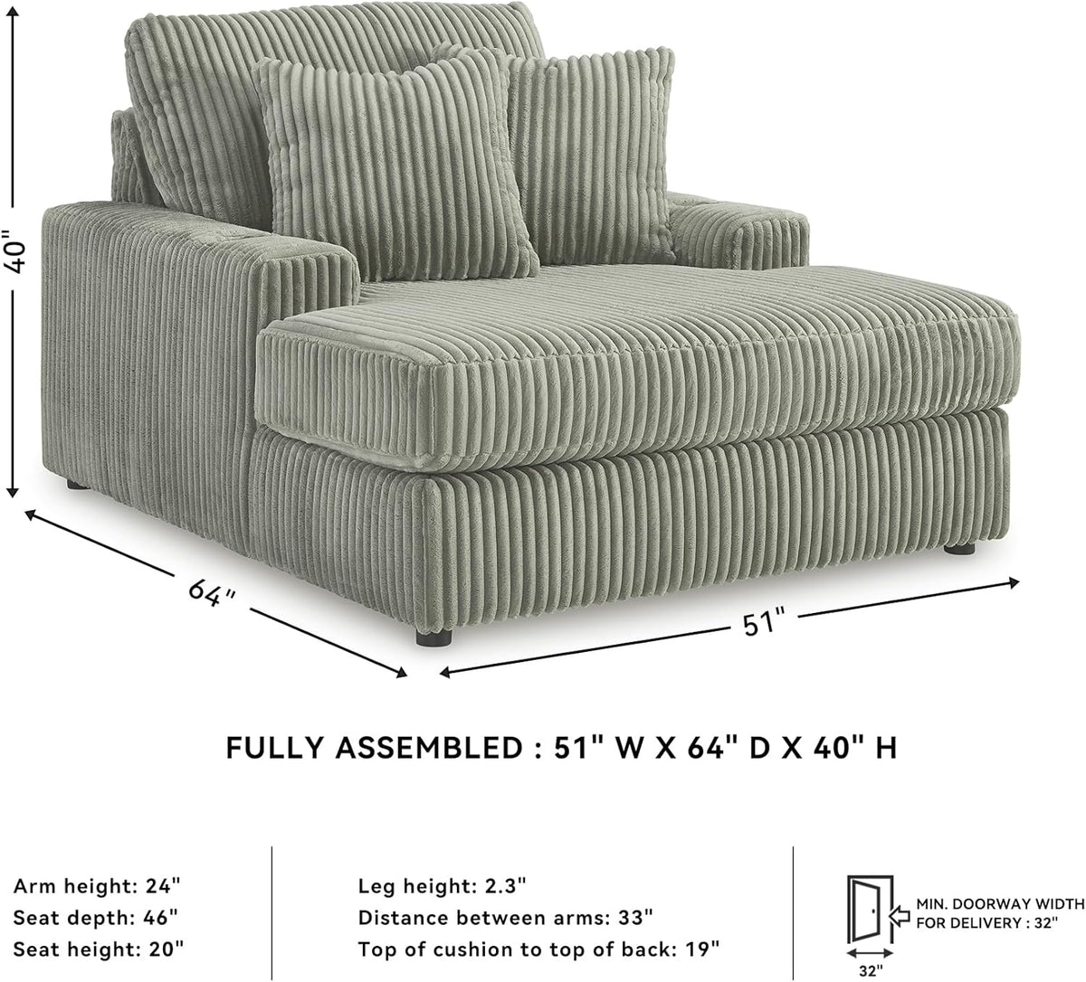 Signature Design by Ashley Lindyn Casual Chaise Lounge Chair Indoor, Oversized No Assembly with Reversible Cushions, USB Port & Cup Holders, Gray, 51" W x 64" D