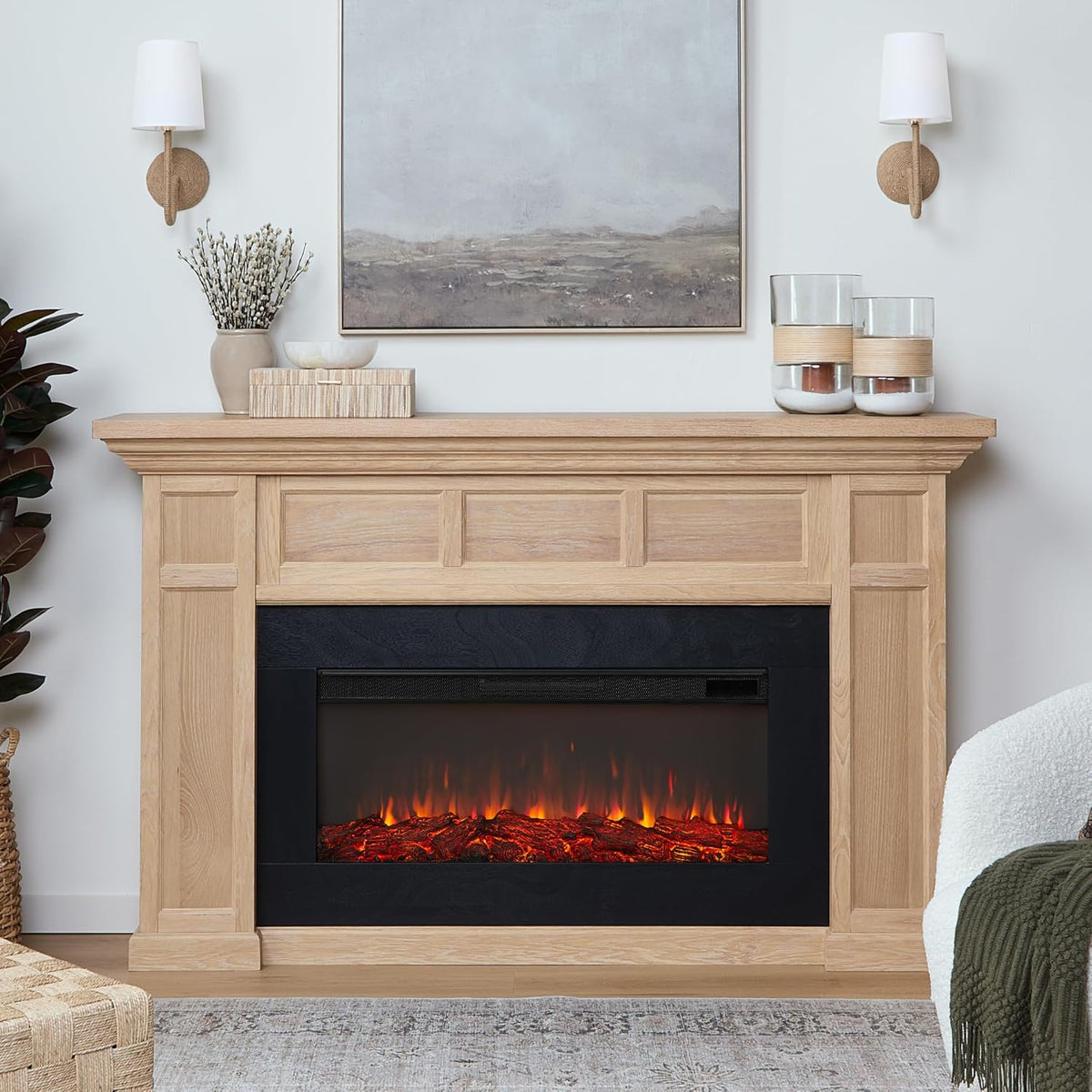 Real Flame Alcott 75” Electric Fireplace with Mantel for Living Room or Bedroom, Replaceable Fireplace Insert Heater, Realistic Log and Flame Effect, Remote Control, Timer
