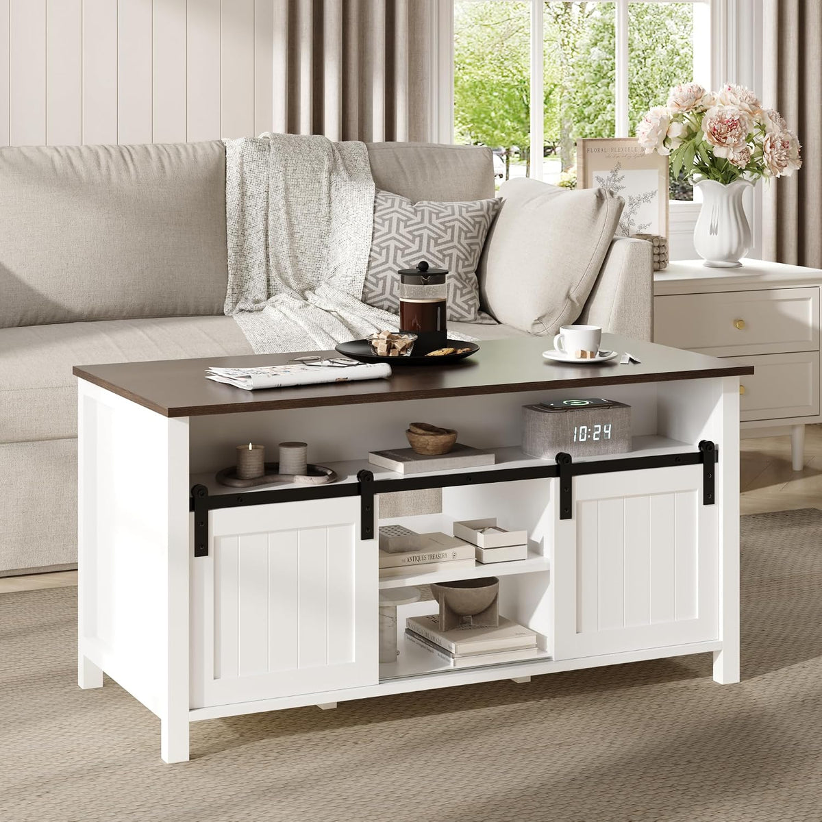MHOM Farmhouse Coffee Table with Storage, Rustic Living Room Table with Sliding Barn Doors & Hidden Compartment, Wooden Center Table for Living Room, White