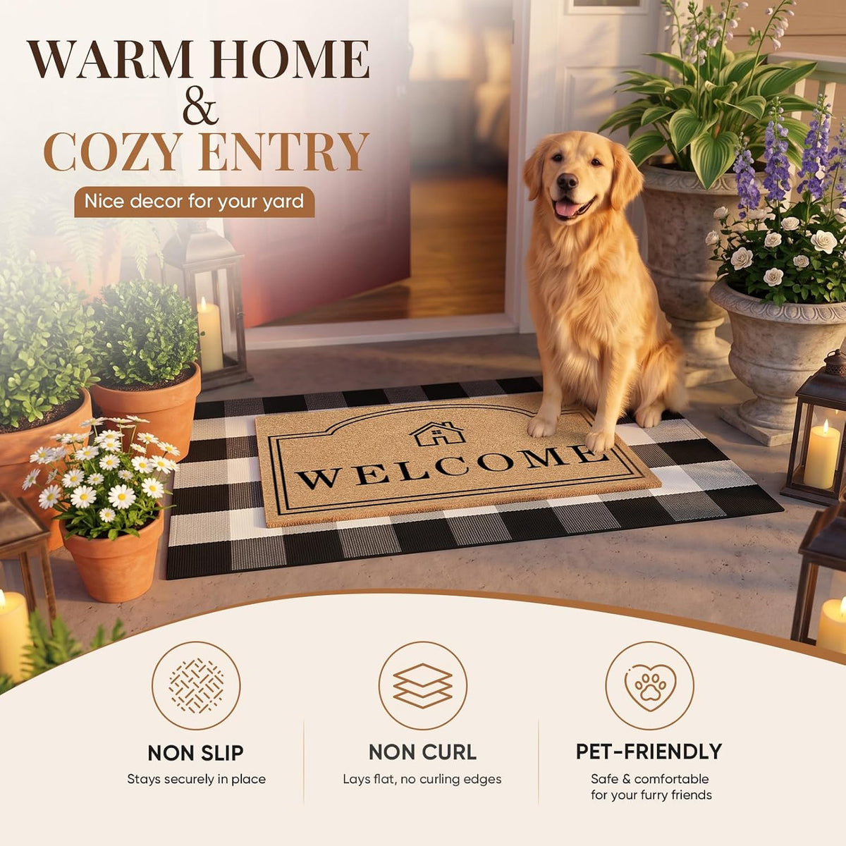 2 Pcs Layered Coir Front DoorMat Set, 0.6" Extra Thick & Non Slip Backing