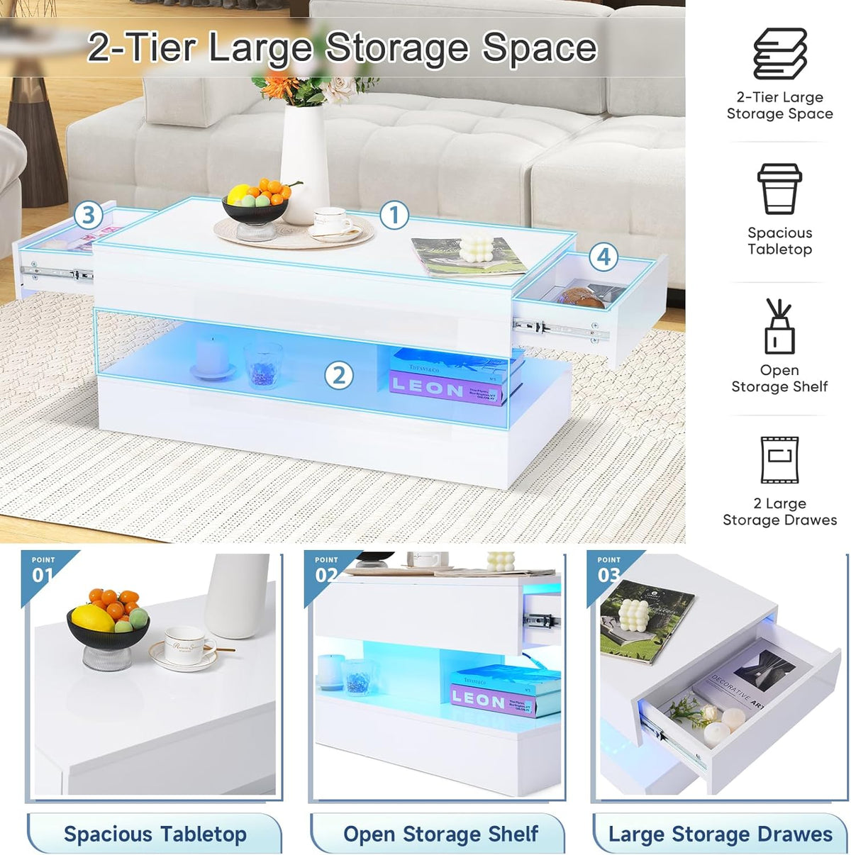 Verano Garden Modern High Gloss LED Coffee Table, 2-Tier Center Table