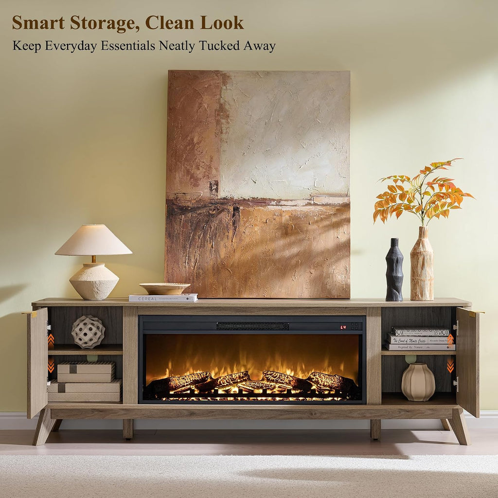 OKD 70" Fluted Fireplace TV Stand with 36" Electric Fireplace, Alder Grey
