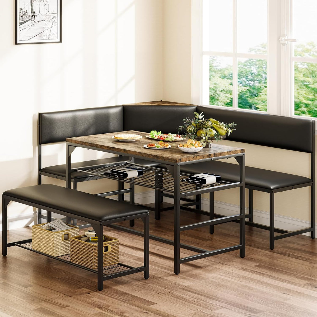 Concho Corner Dining Table Set with Soft Seat, Coffee Brown