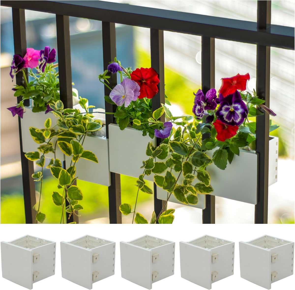 Railing Planter 5-Pack, White (4-inch) | Tool-Free Space-Saving Floating Flower Pots for Balcony Railings | Vertical Garden Railing Planters | UV-Protected, Made in USA