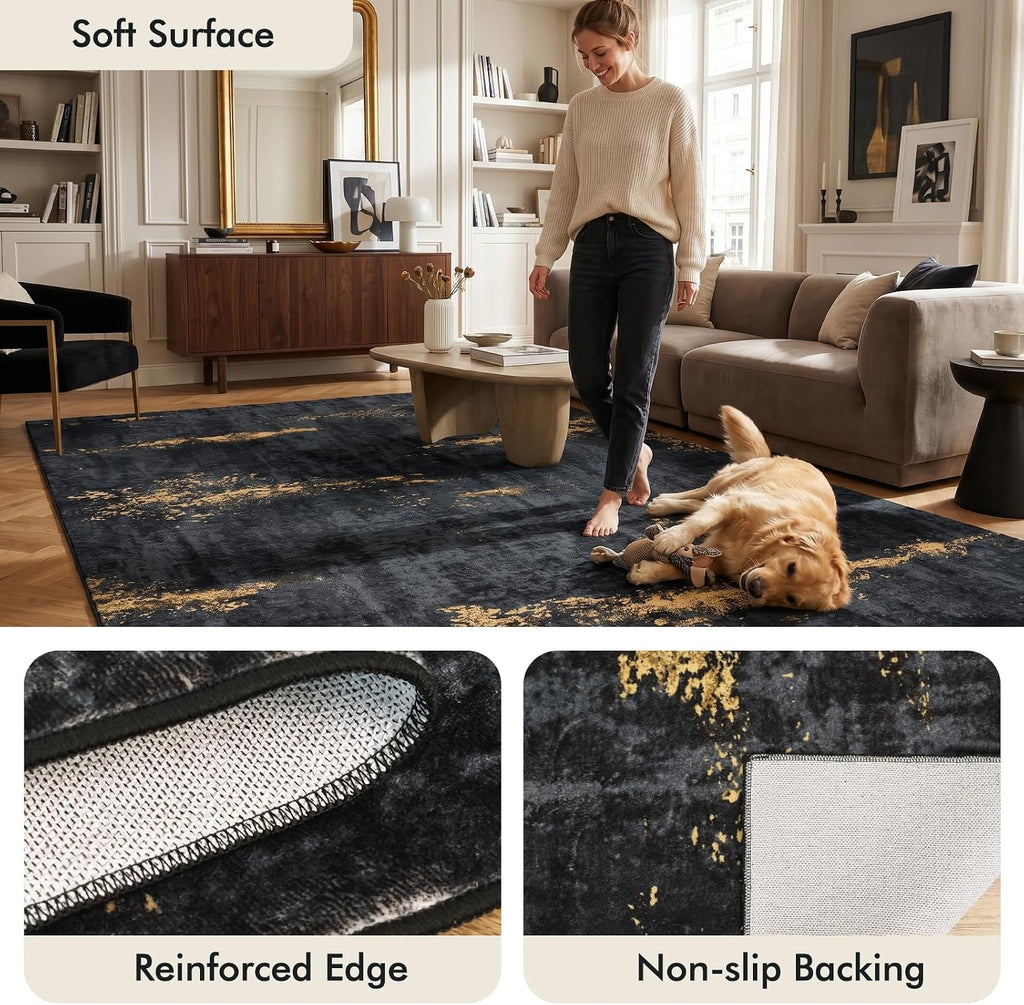 Fixwal Washable 6x9 Area Rug for Living Room, Non-Slip, Black/Gold