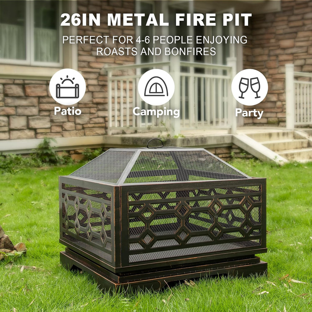 26 Inch Outdoor Fire Pit, Wood Burning Outside Fireplace with Mesh Cover