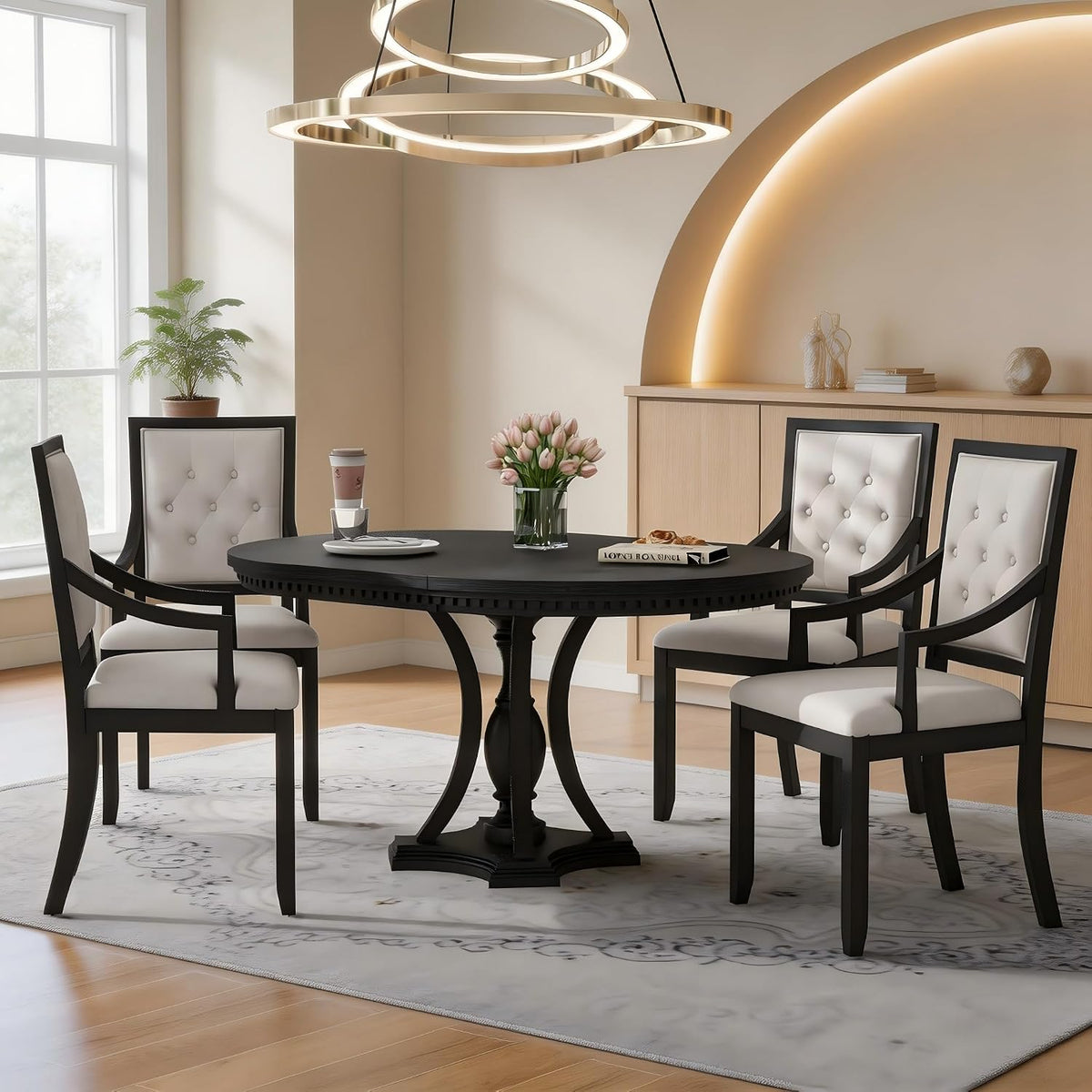 LUMISOL Extendable Round Dining Table Set for 4-6, 42"-58" Round to Oval Kitchen Table Set with 4 Upholstered Chairs for Kitchen, Dining Room, Small Space, Black Oak