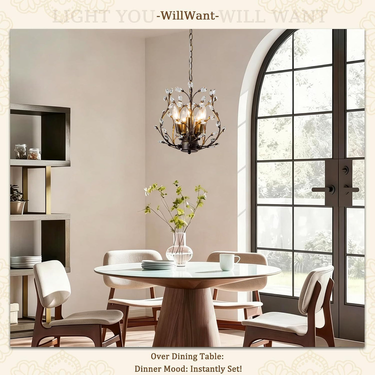 Vintage 5 Light Crystal Chandelier for Dining Room, Aged Bronze Tree Branch