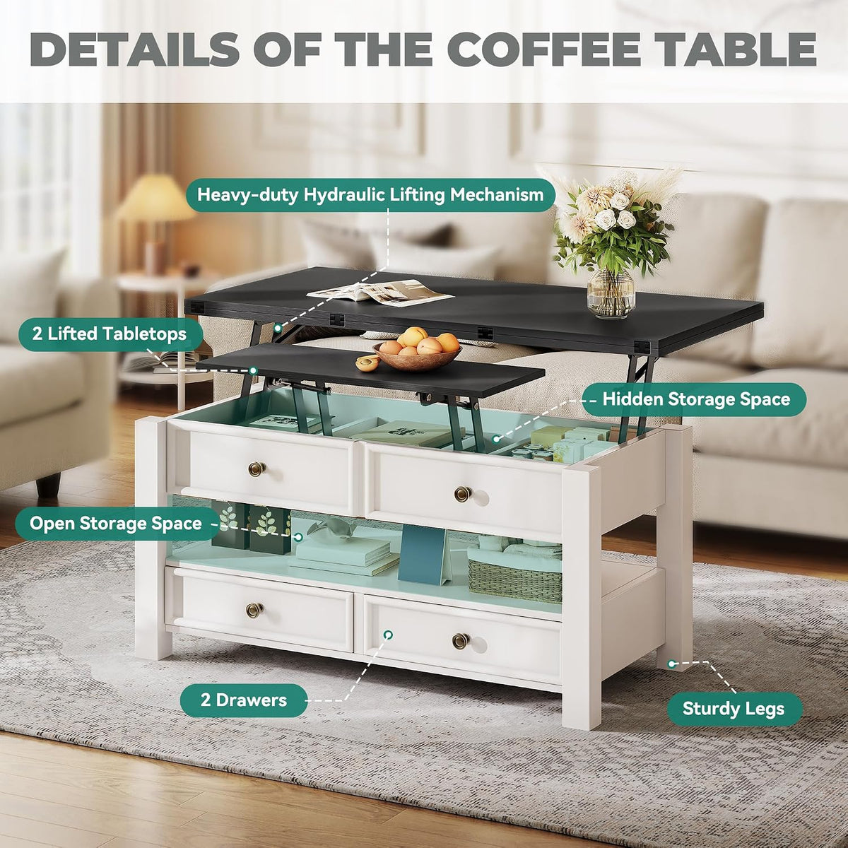 YITAHOME 4-in-1 Lift Top Convertible Coffee Table with Drawers, Black Top