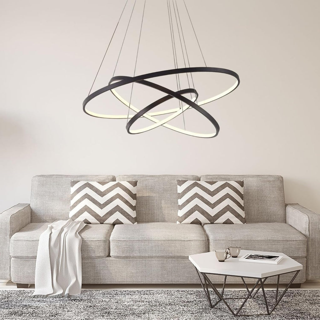 LightInTheBox Modern LED Chandelier 3 Ring Chandelier Dimmable Circular Dining Ceiling Pendant Light for Dinning Room Living Room 60+40+20cm (Black; Light Source: Stepless Dimming)