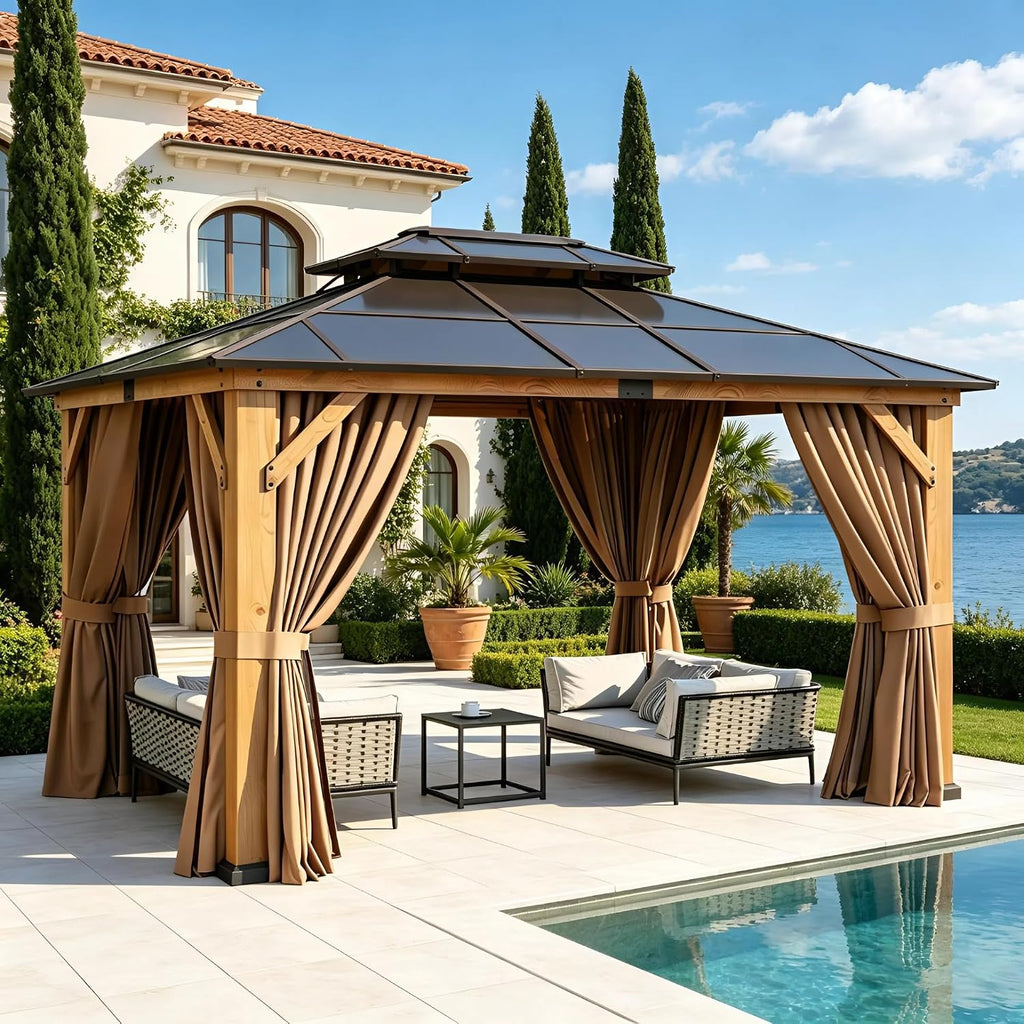 Aoxun 10' x 12' Wood Gazebo with Double Polycarbonate Roof, Natural