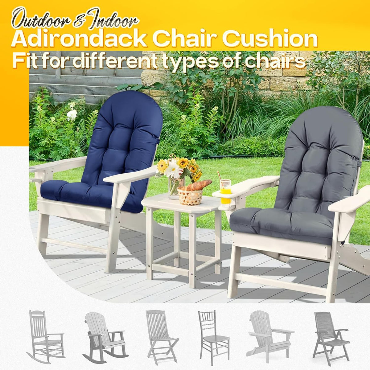 MAGIC ELEPHANT Adirondack Chair Cushion Set of 2, Memory Foam Outdoor Cushions for Adirondack Chairs, 44x19x4 Inch, Thick High Back Patio Rocking Chair Pad Seat Cushion Replacement (Gray)