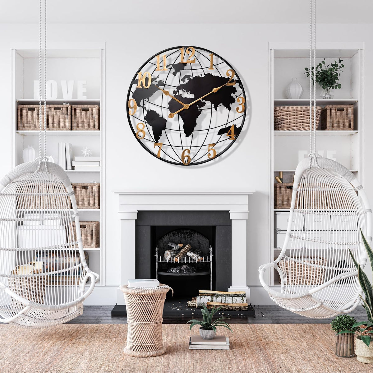 Large World Map Wall Clock Metal Minimalist Modern Round Silent Wall Decor