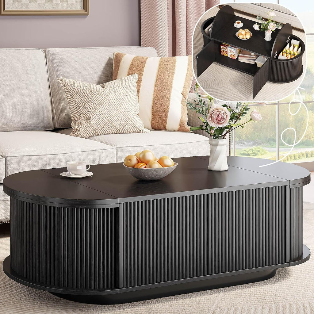 HSH 47" Oval Coffee Table with Storage, Black Coffee Table for Living Room