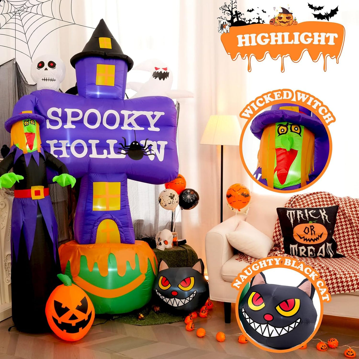 Whubefy 8FT Tall Halloween Inflatable Witch Spooky Ghost Outdoor Decoration