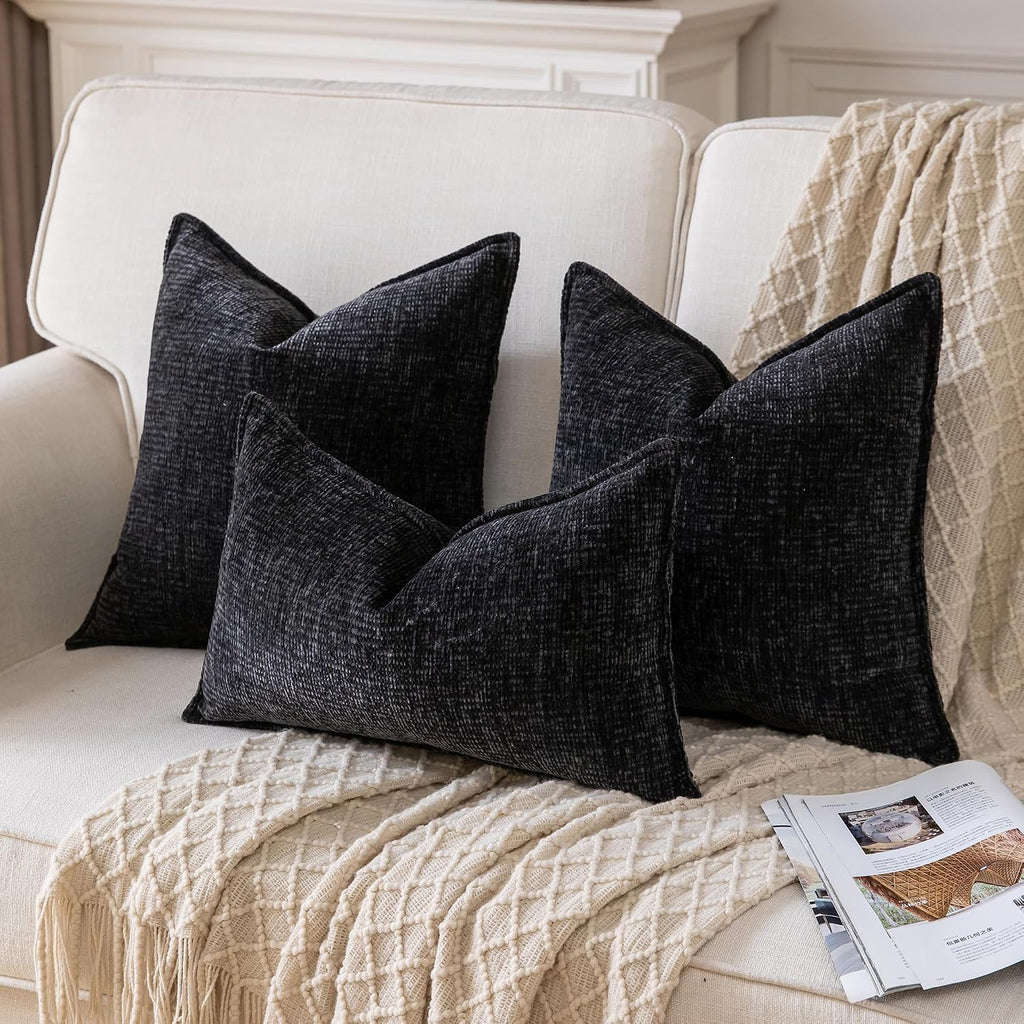 Neelvin Textured Throw Pillow Covers 26x26 Thick Luxury Chenille Decorative Pillow Case with Nubby Granular Texture, Modern Woven Couch Cushion Cover for Sofa Bed,Black, Set of 2