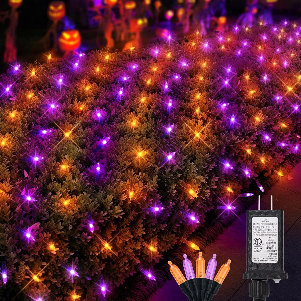 Halloween Net Lights Outdoor, Orange Purple Mesh, 120 LED, 5x6 ft