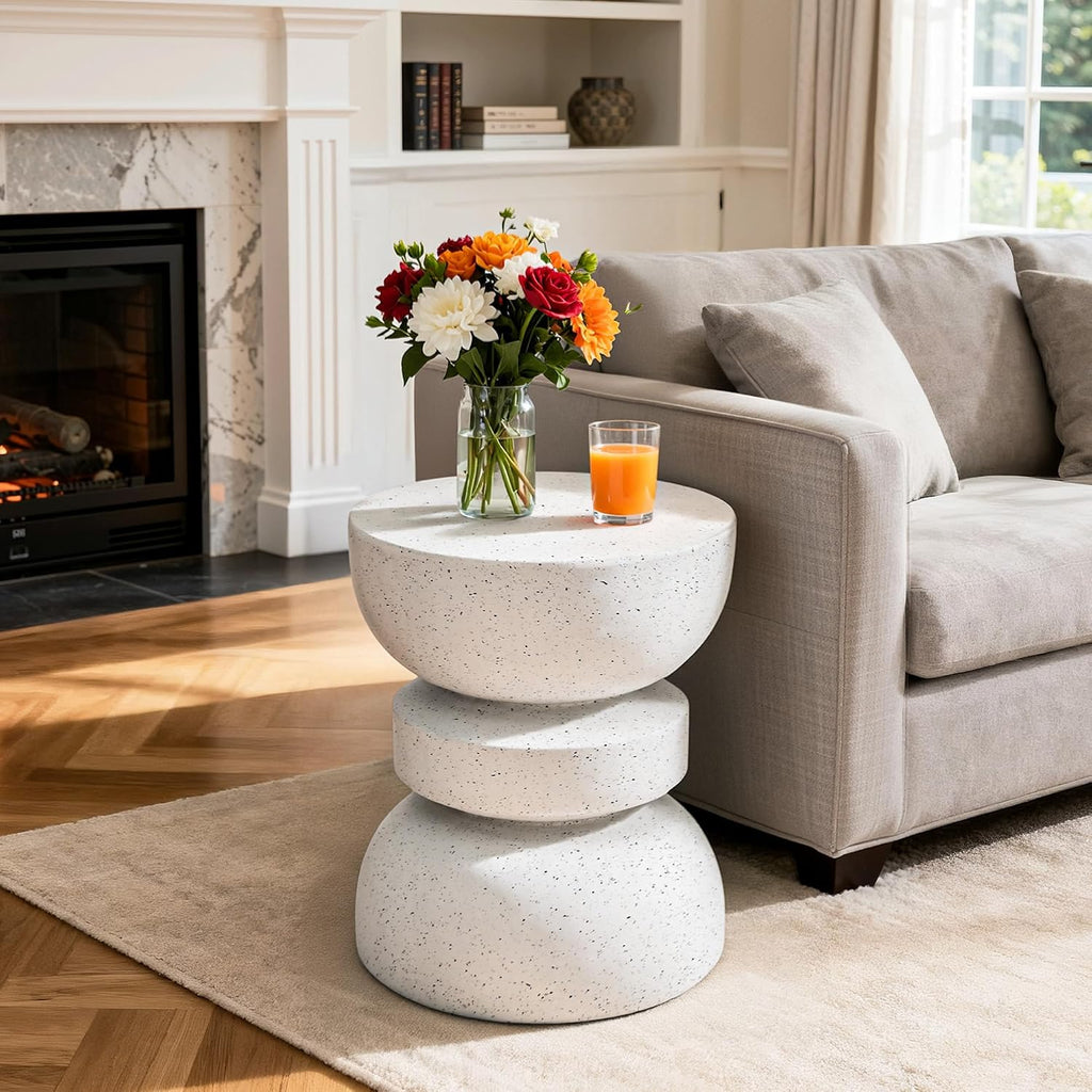 18" Outdoor Side Table, Modern Hourglass Garden Stool,Terrazzo-Look