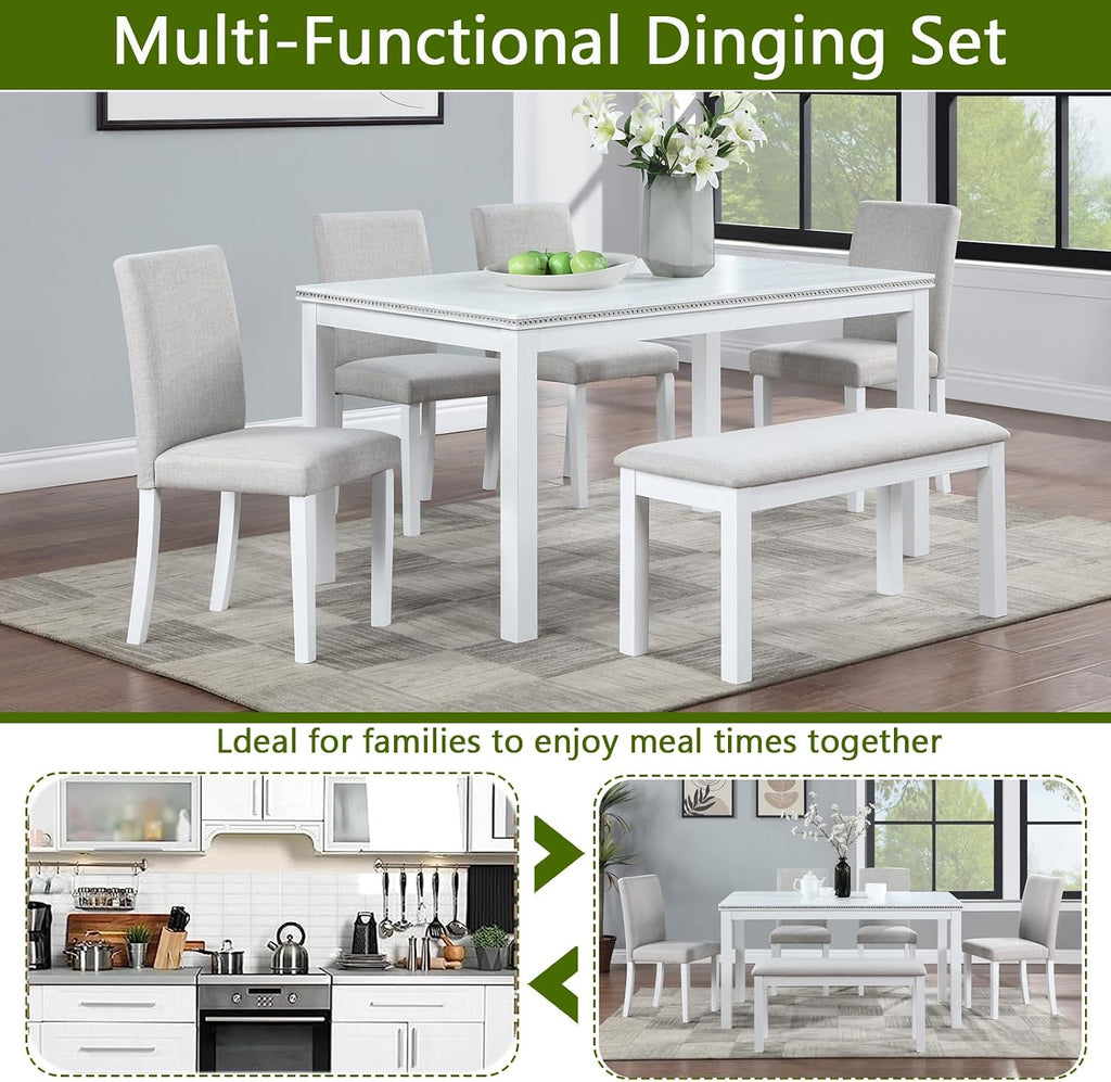 LUMISOL 6-Piece Dining Table Set for 6, Solid Wood Kitchen Table Set with 4 Upholstered Chairs & Bench for Kitchen, Dining Room, Living Room, White