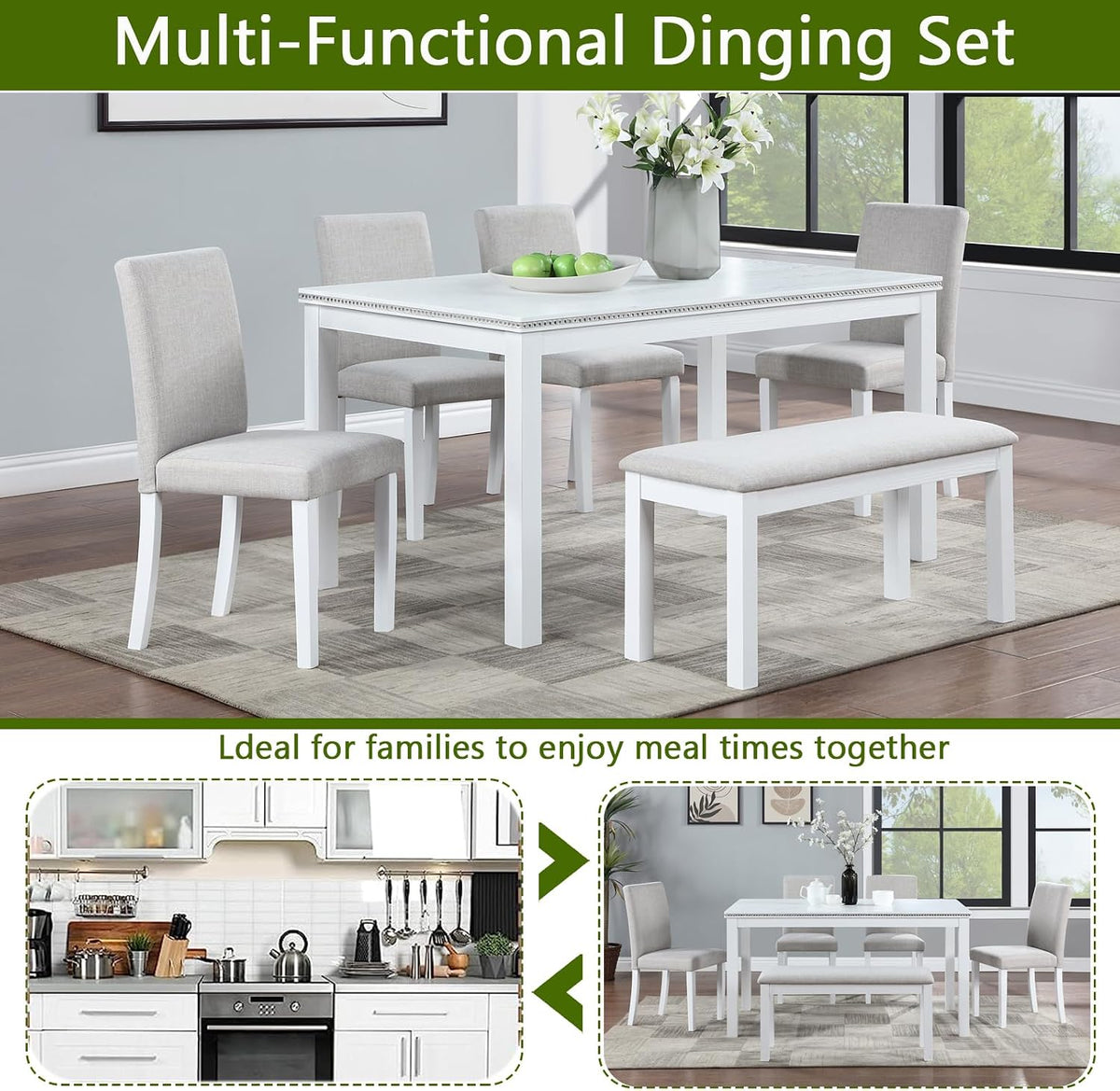 LUMISOL 6-Piece Dining Table Set for 6, Solid Wood Kitchen Table Set with 4 Upholstered Chairs & Bench for Kitchen, Dining Room, Living Room, White