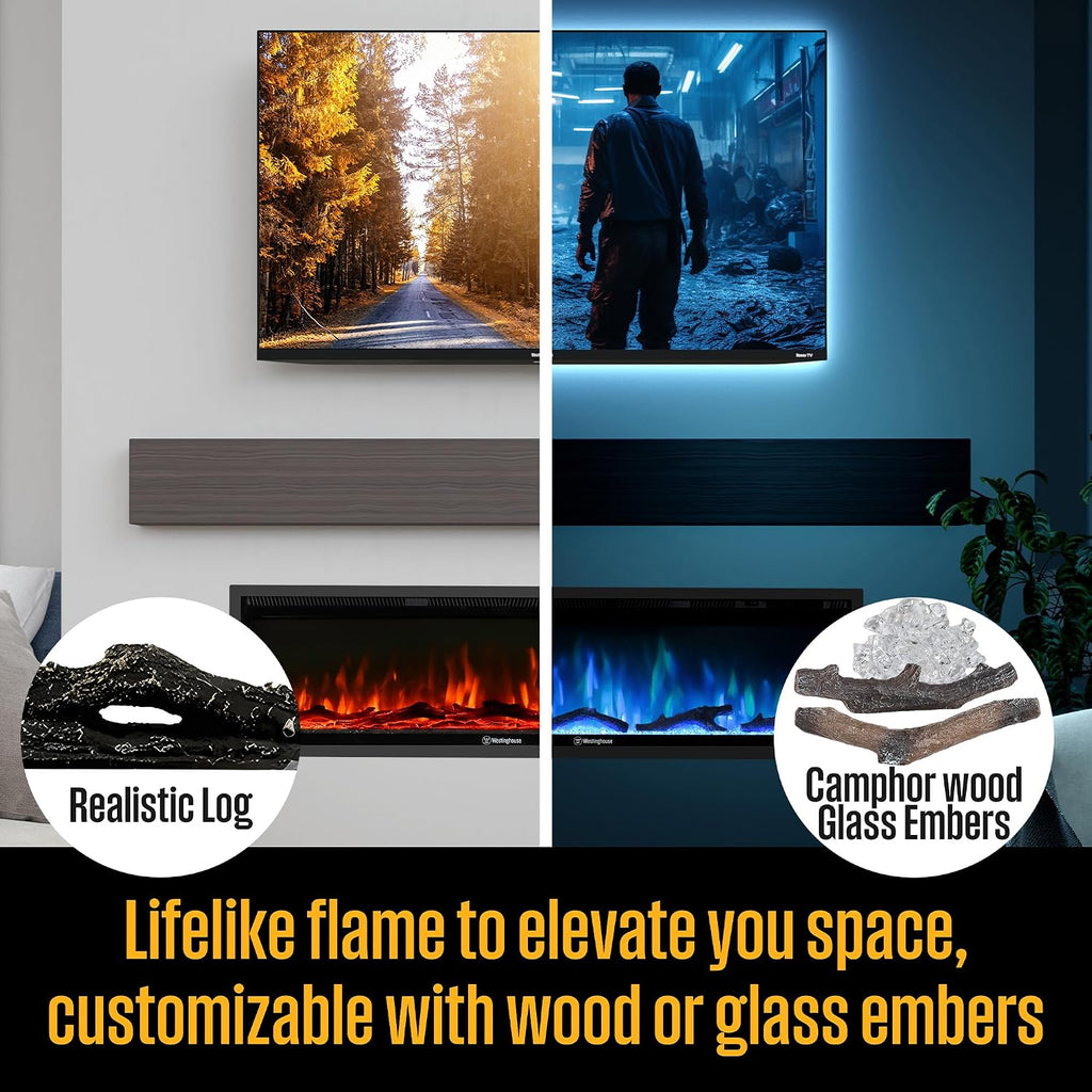 Westinghouse 50 Inch Electric Fireplace Heater, Compatible with Alexa & Google Home, Wall Mount or in-Wall Recessed Fireplace Insert, 24 Hour Timer, Color Changing Flames, 750W/1500W Indoor Heater