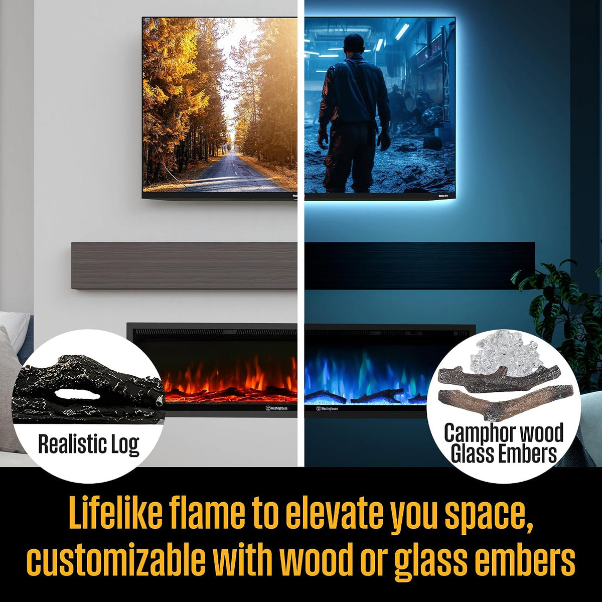 Westinghouse 60 Inch Electric Fireplace Heater, Compatible with Alexa & Google Home, Wall Mount or in-Wall Recessed Fireplace Insert, 24 Hour Timer, Color Changing Flames, 750W/1500W Indoor Heater