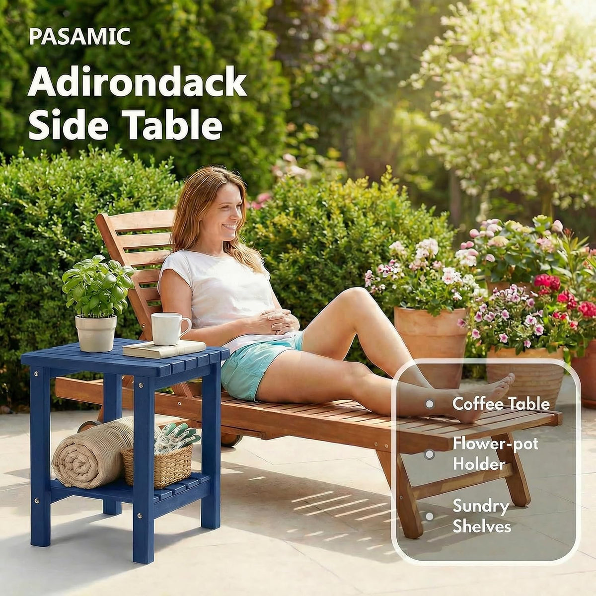 PASAMIC Outdoor Side Table, 2-Tier Storage Patio Side Table, HDPE Adirondack Side Table, Weather Resistant Square Small Outdoor Table for Patio, Backyard, Pool & Garden, Navy Blue