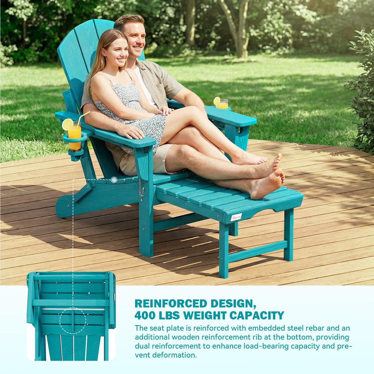 Mdeam HDPE Folding Adirondack Chair, 3-Level 400 lbs Cup Holders,Aruba Blue